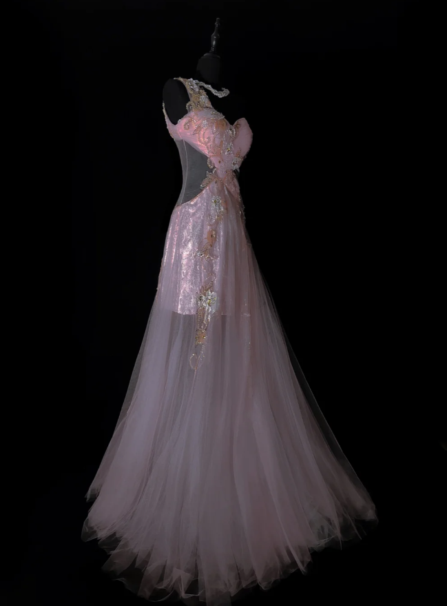 Beautiful One Shoulder Pink Tulle Lace Appliques Beaded Mermaid Prom Gown Long Evening Dress SP479