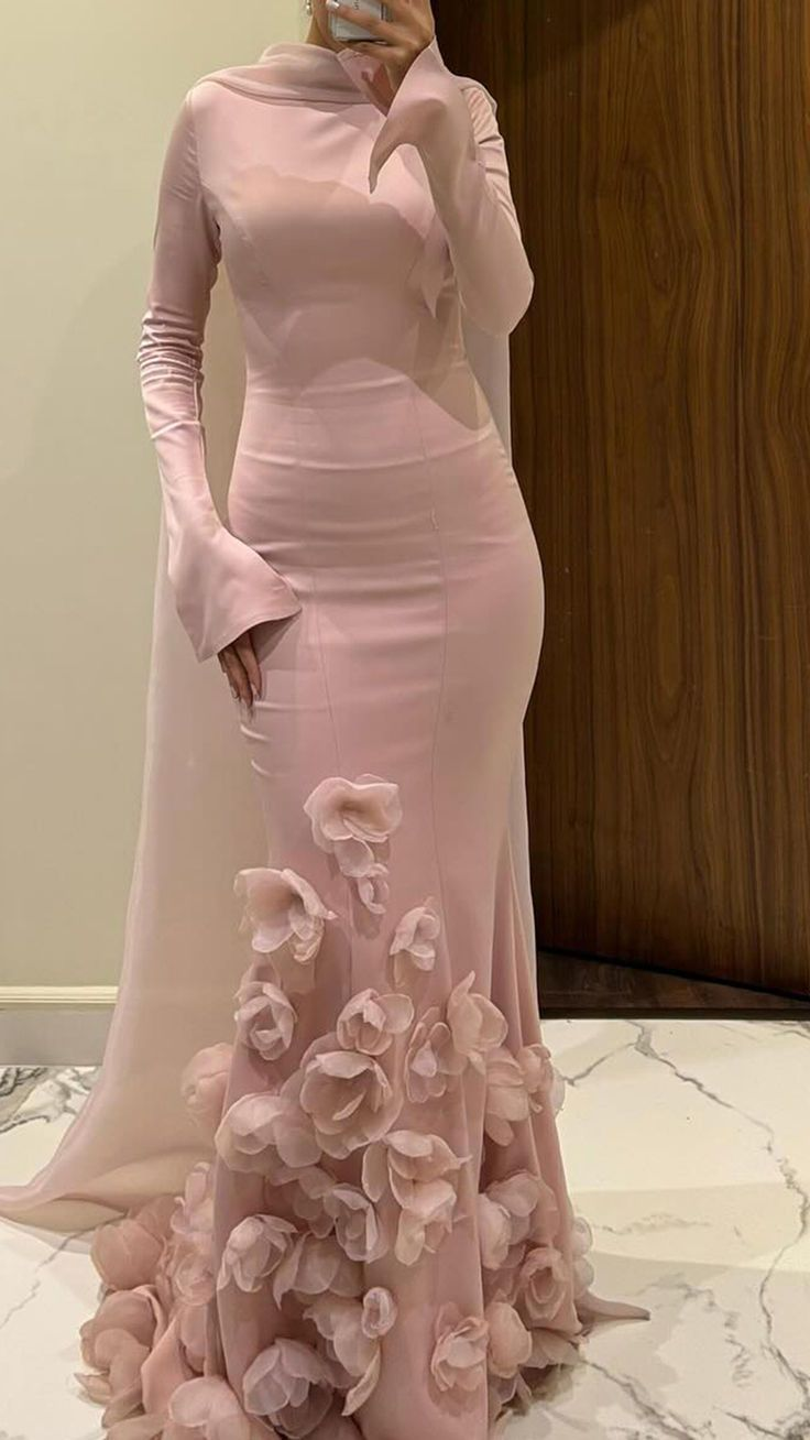 Classy Pink Satin Mermaid Long Evening Dress Prom Gown With 3D Flowers SP1137