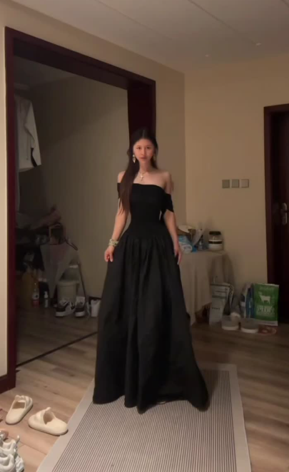 Stylish Off The Shoulder A Line Satin Prom Gown Black Long Evening Dress SP242