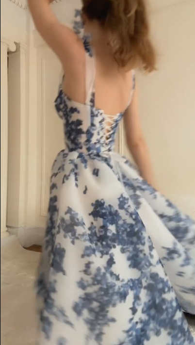 Pretty Blue Spaghetti Straps Chiffon Print Floral A Line Prom Dress Long Party Gown SP253