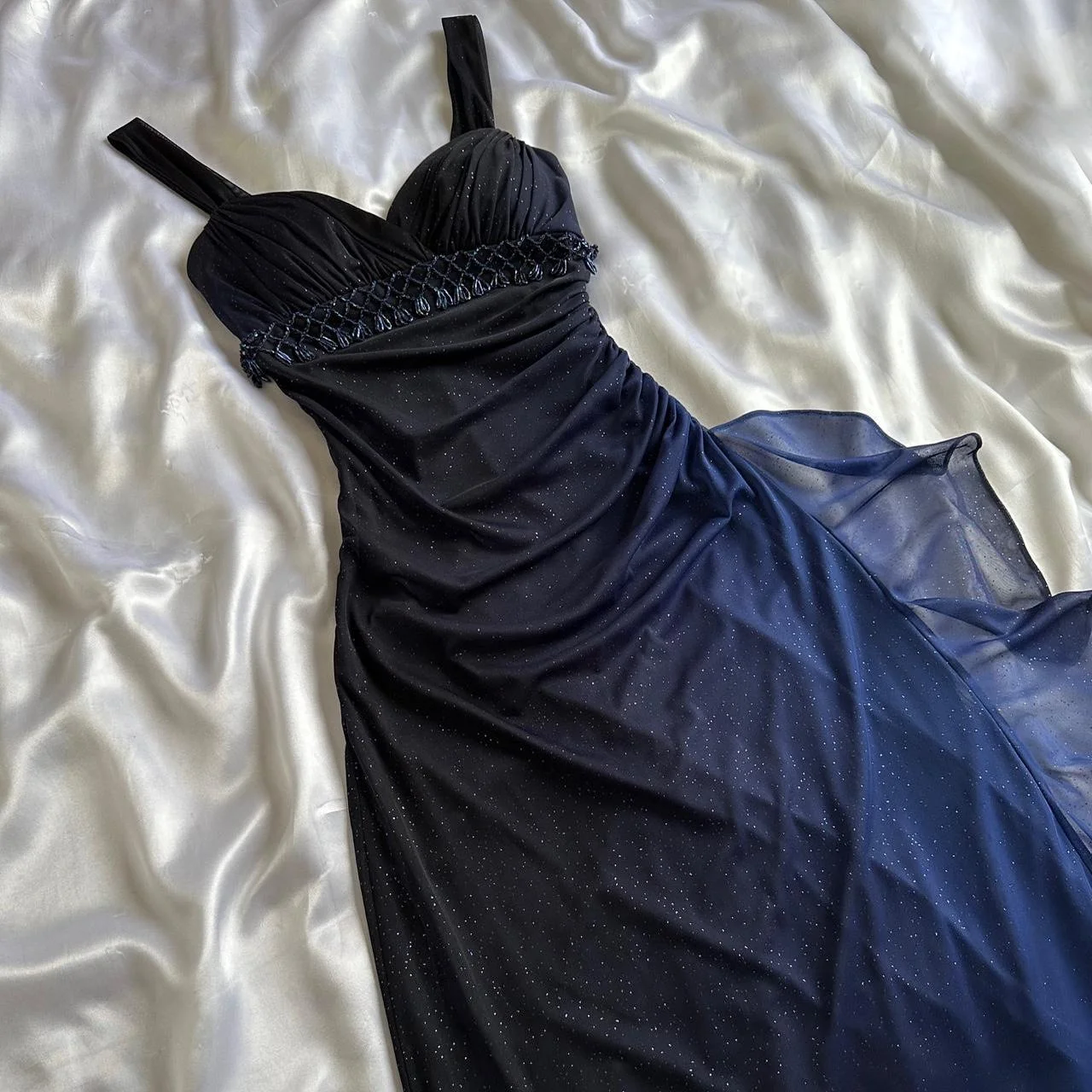 Vintage Ombre Blue Chiffon Beaded Long Prom Gown Evening Dress Y9744