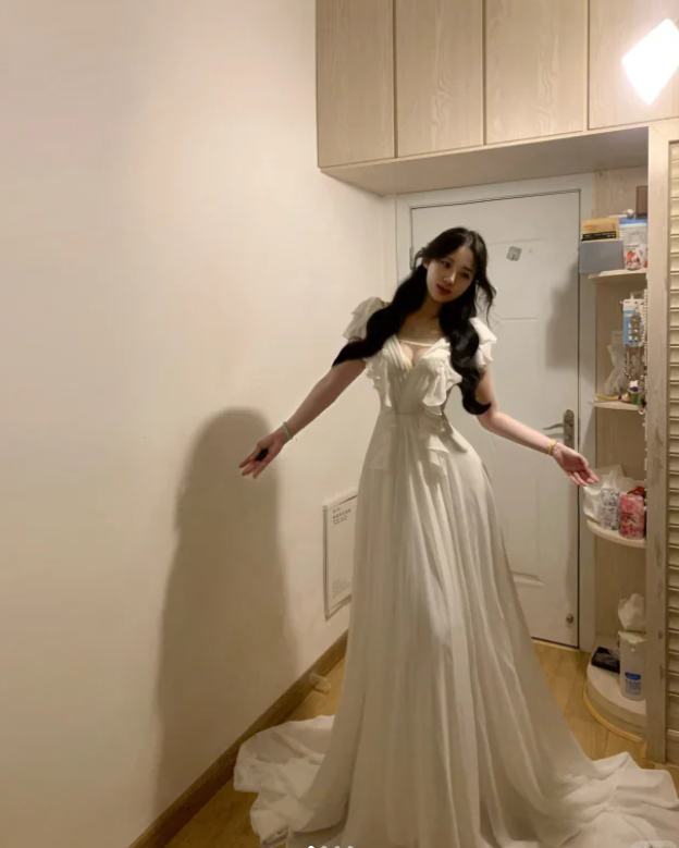 Pretty V Neck White Chiffon Ruffles Long Party Dress Guest Dress SP291