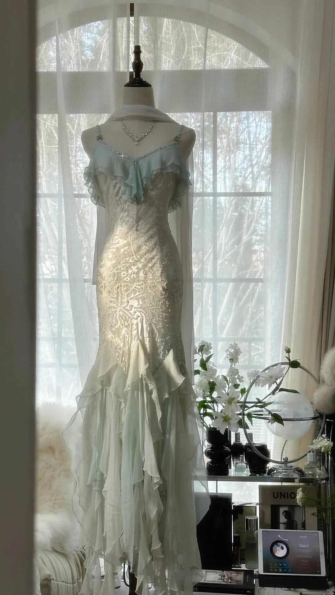 Elegant Green Chiffon Beaded Mermaid Prom Dress Long Party Gowns Y9731
