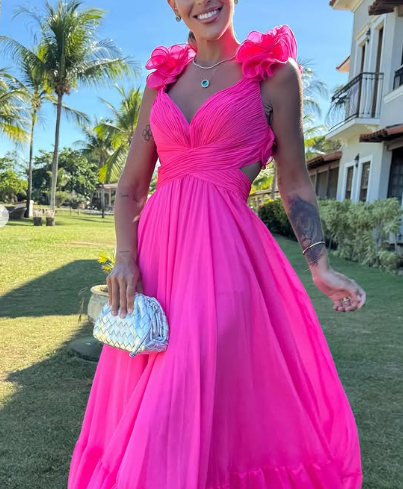 Chiffon A Line Ruffle Prom Dresses for Women V Neck Long Bridesmaid Dresses Backless Formal Evening Gowns Y3043