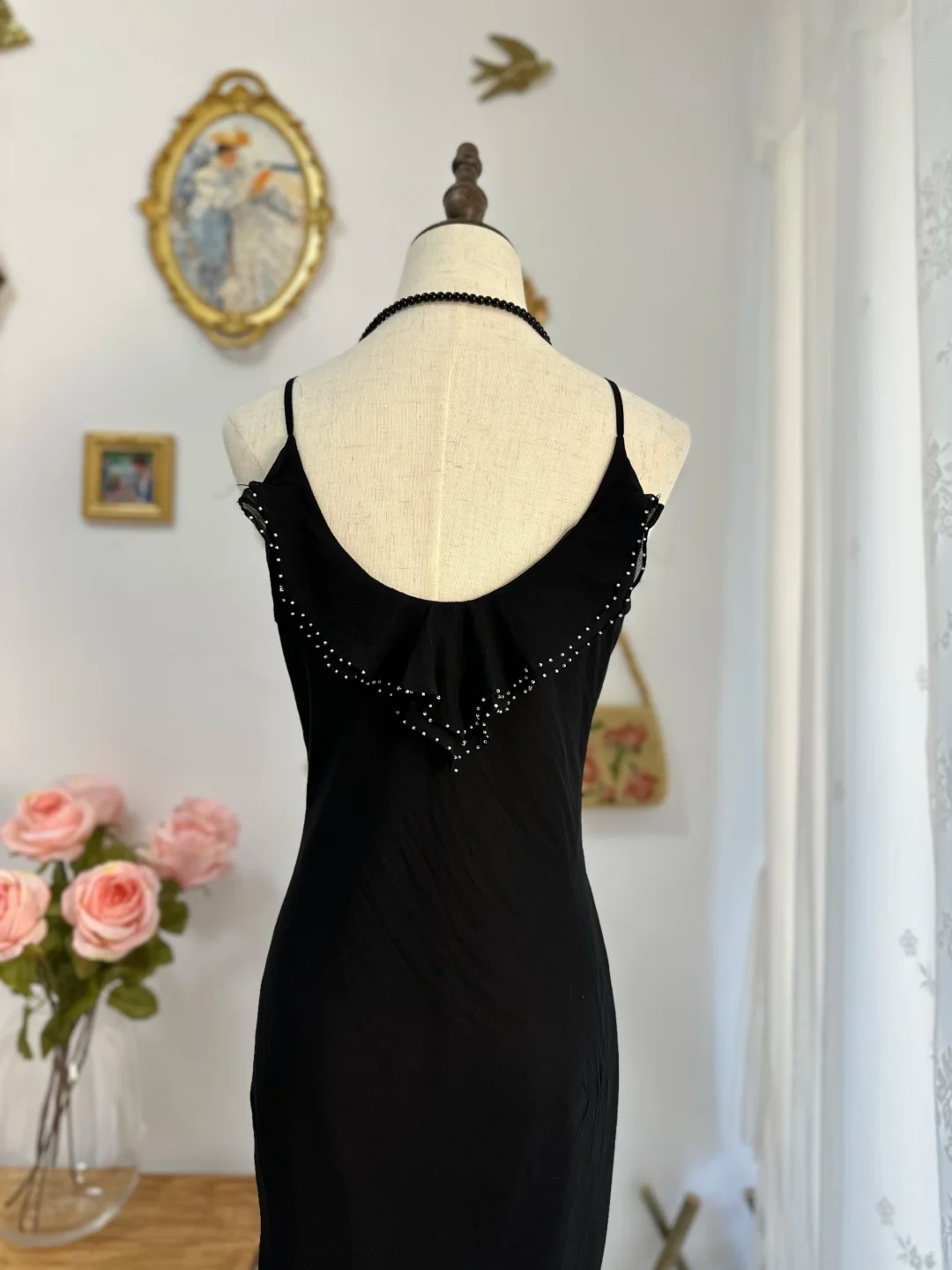 Elegant Spaghetti Straps Black Chiffon Beaded Appliques Sheath Long Party Dress Evening Gown Y9759