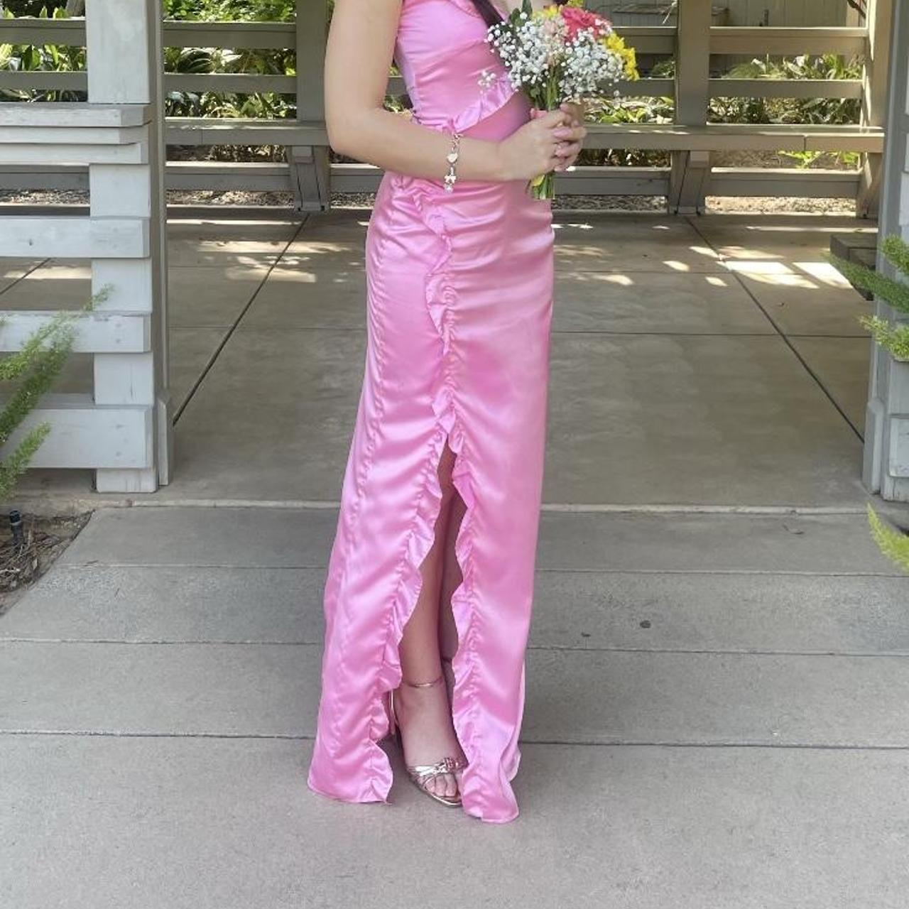 Classy Spaghetti Straps Pink Satin Ruffles Long Guest Dress Slit Formal Party Dress SP301