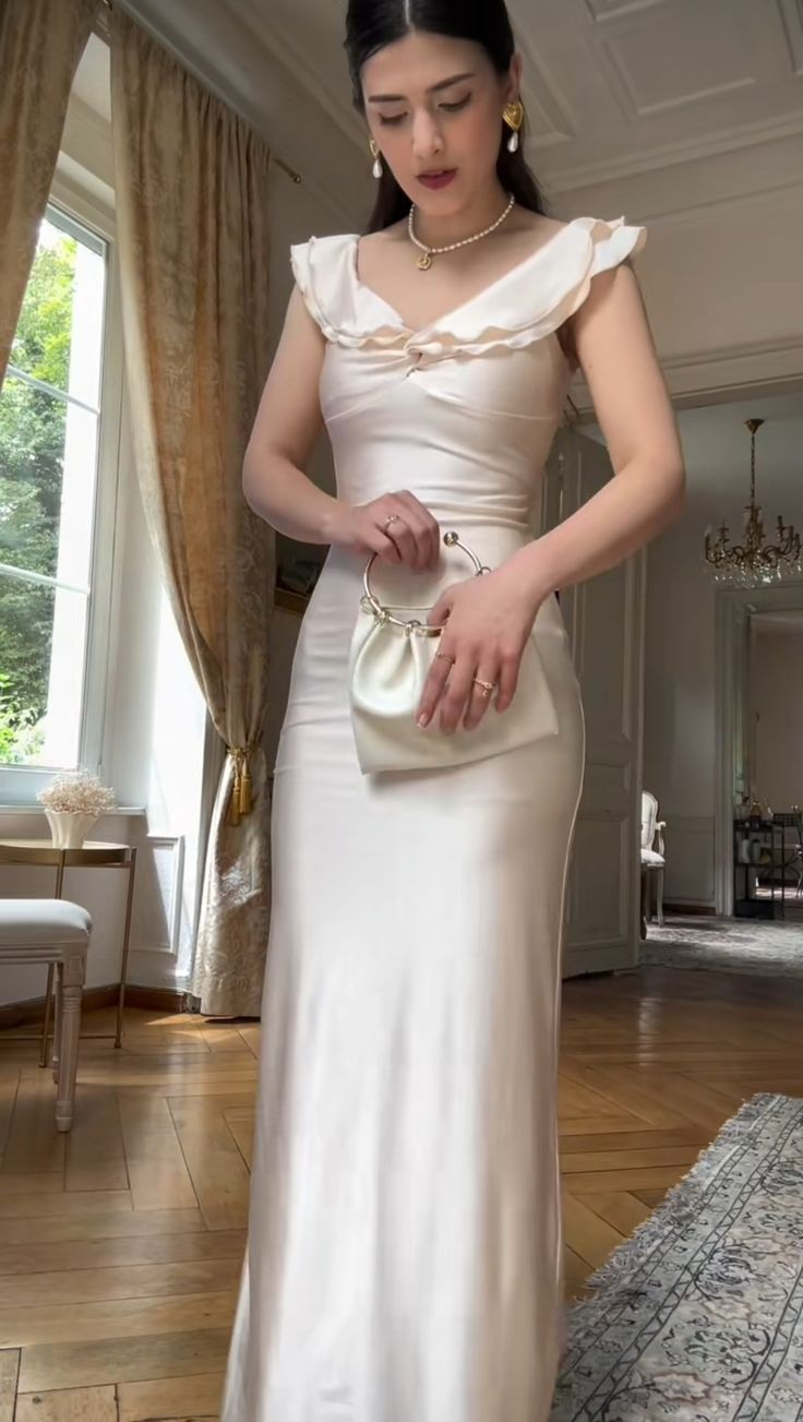 Simple Ivory Satin V Neck Evening Dress,Long Sheath Party Gown Bridesmaid Dress Y8726