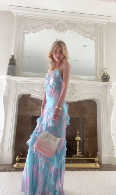 Pretty Spaghetti Straps Blue Chiffon Printed Floral Ruffles Party Dress Long Prom Dress SP221