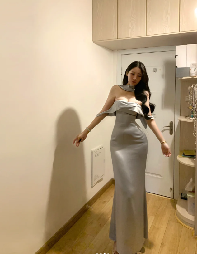 Stylish Strapless Silver Gray Satin Mermaid Bridesmaid Dress Long Party Gown SP296