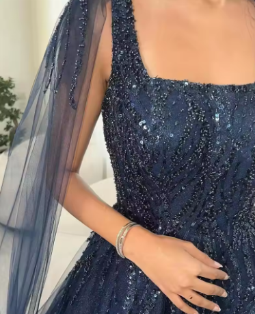 Navy Blue Glitter Square Neck Tulle Long Sleeves Luxury Ball Gown Y4883