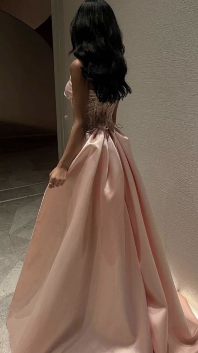 Baby Pink Satin Strapless Saudi Arabia Corset Sparkly Sequins Dubai Evening Dress Formal Party Dress Y4887