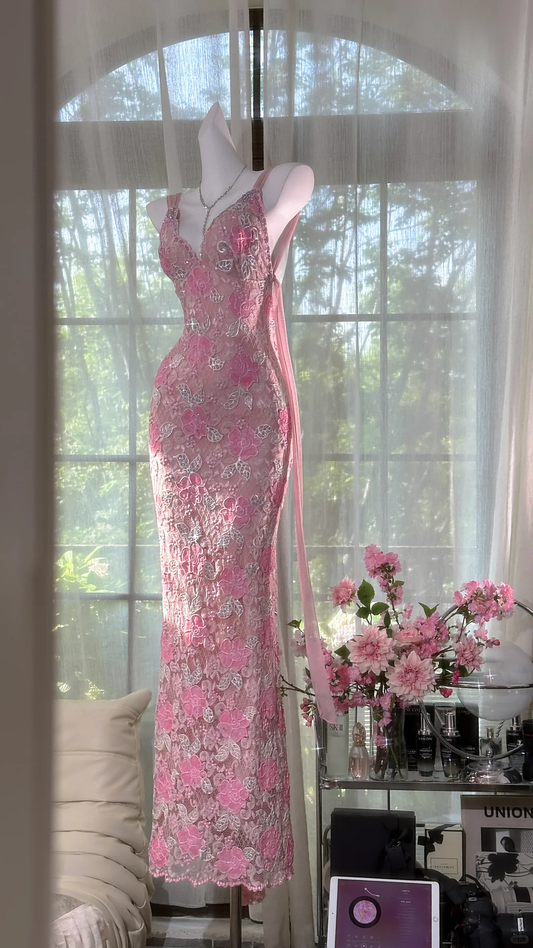 Pretty Pink V Neck Lace Floral Sheath Long Evening Dress Backless Long Birthday Party Gown SP665