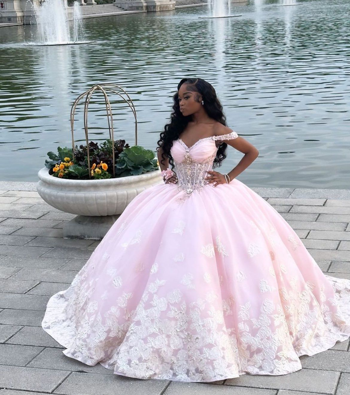 Sweet Off The Shoulder Pink Tulle Appliques Sweet 16 Dress Quinceanera Dress SP485