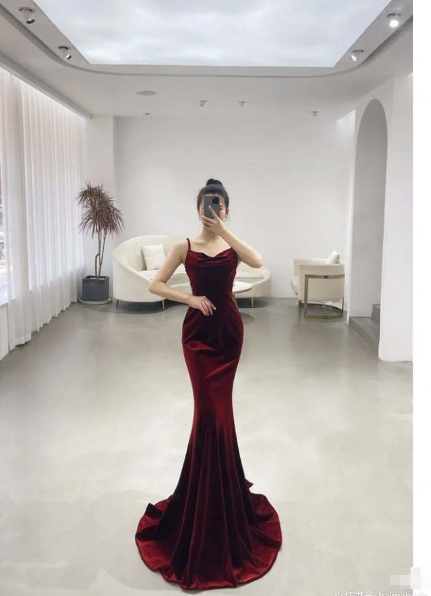 Elegant Red Velvet mermaid Evening Dress Long Prom Dress Y7824