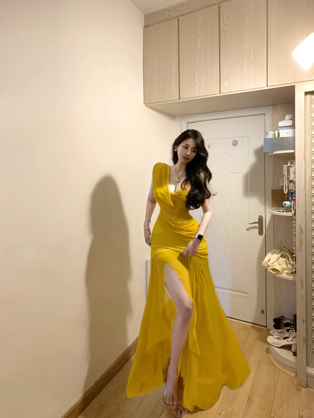 Sexy Mermaid Slit Yellow Chiffon Long Prom Gown Party Dress SP299