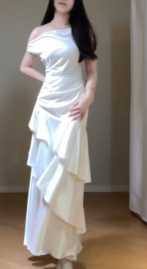 Elegant Off The Shoulder White Satin Ruffles Mermaid Party Dress Long Wedding Guest Dress SP422