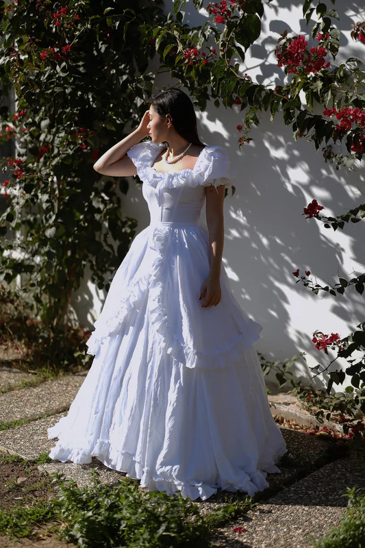 Vintage Off The Shoulder White Satin Ruffles Wedding Dress Long Bridal Dress SP2104