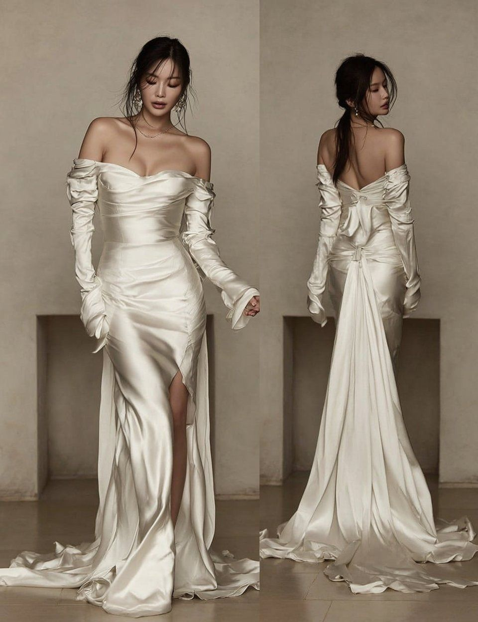 Pretty Ivory Off The Shoulder Mermaid Long Wedding Dress SP963