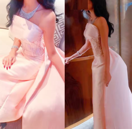 Baby Pink Satin Strapless Saudi Arabia Corset Sparkly Sequins Dubai Evening Dress Formal Party Dress Y4887