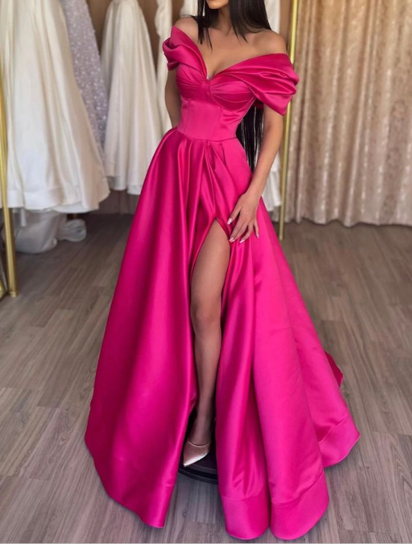 Stylish A-Line Off the Shoulder Satin Long Prom Dress,Hor Pink Pleats Evening Dress With Slit Y7644