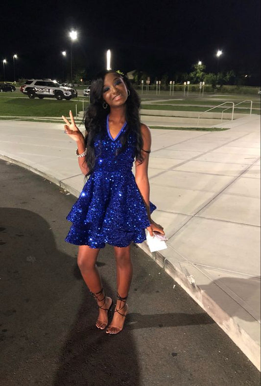 Royal Blue Sequins A-line Graduation Dress,Royal Blue Short Homecoming Dress,Royal Blue Party Dress Y1850