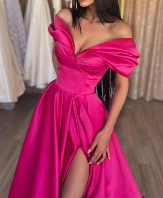 Stylish A-Line Off the Shoulder Satin Long Prom Dress,Hor Pink Pleats Evening Dress With Slit Y7644