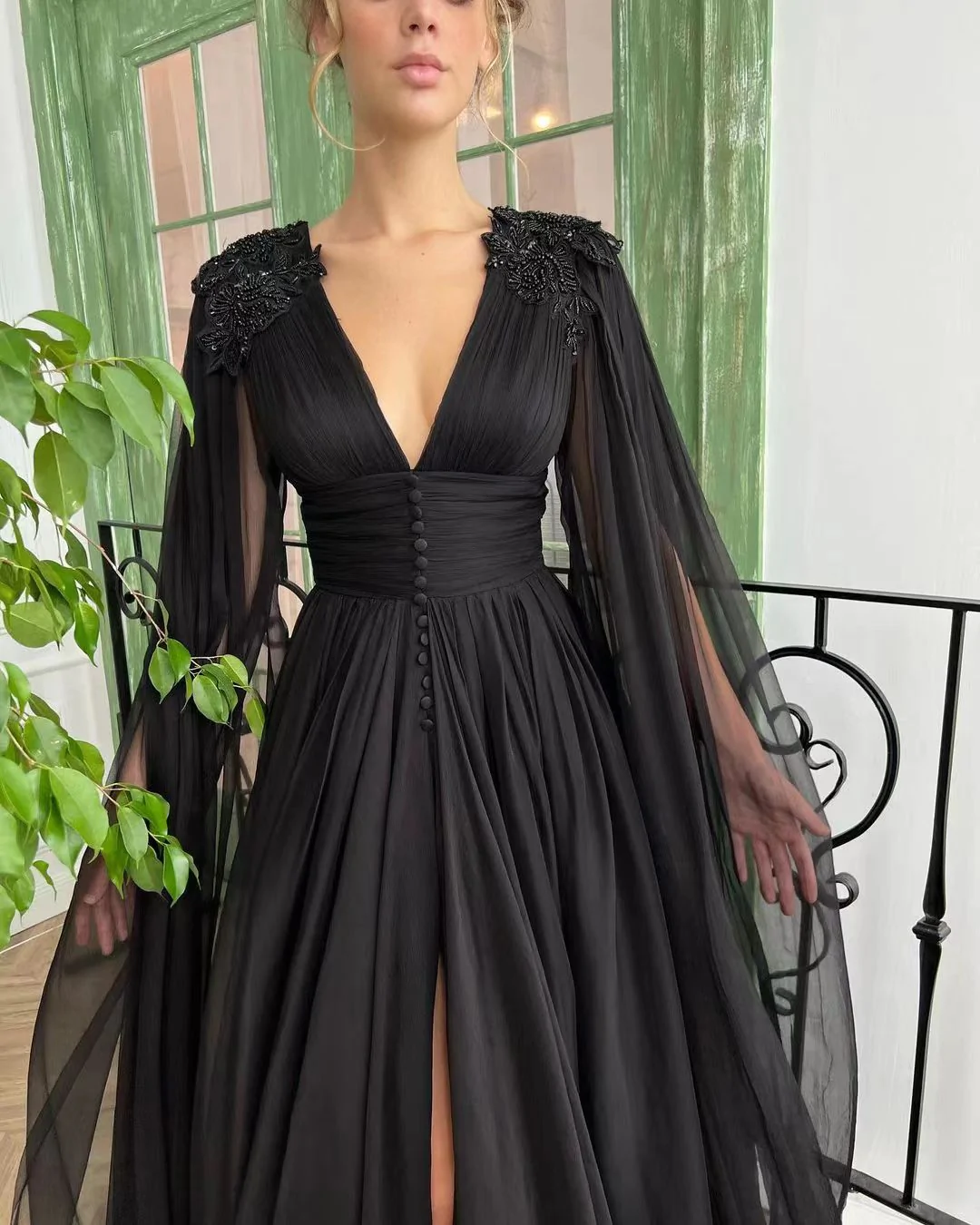 V-neck Black Tulle Prom Dresses, Elegant Prom Dresses, Newest Prom Dresses, A-line Prom Dresses Y56