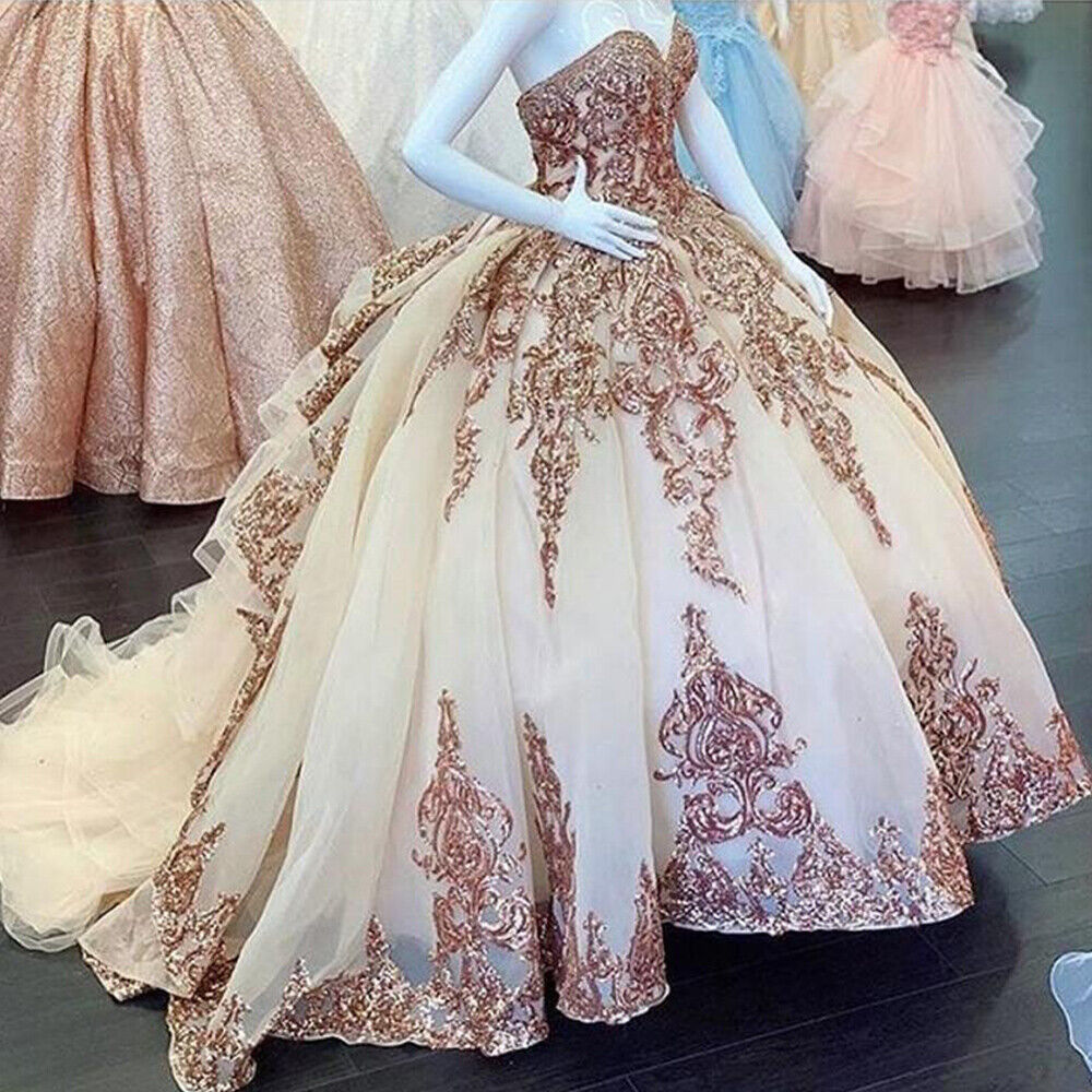 Rose Gold Sweet 16 Quinceanera Dresses Sequins Appliques Sweetheart Ball Gowns Y401
