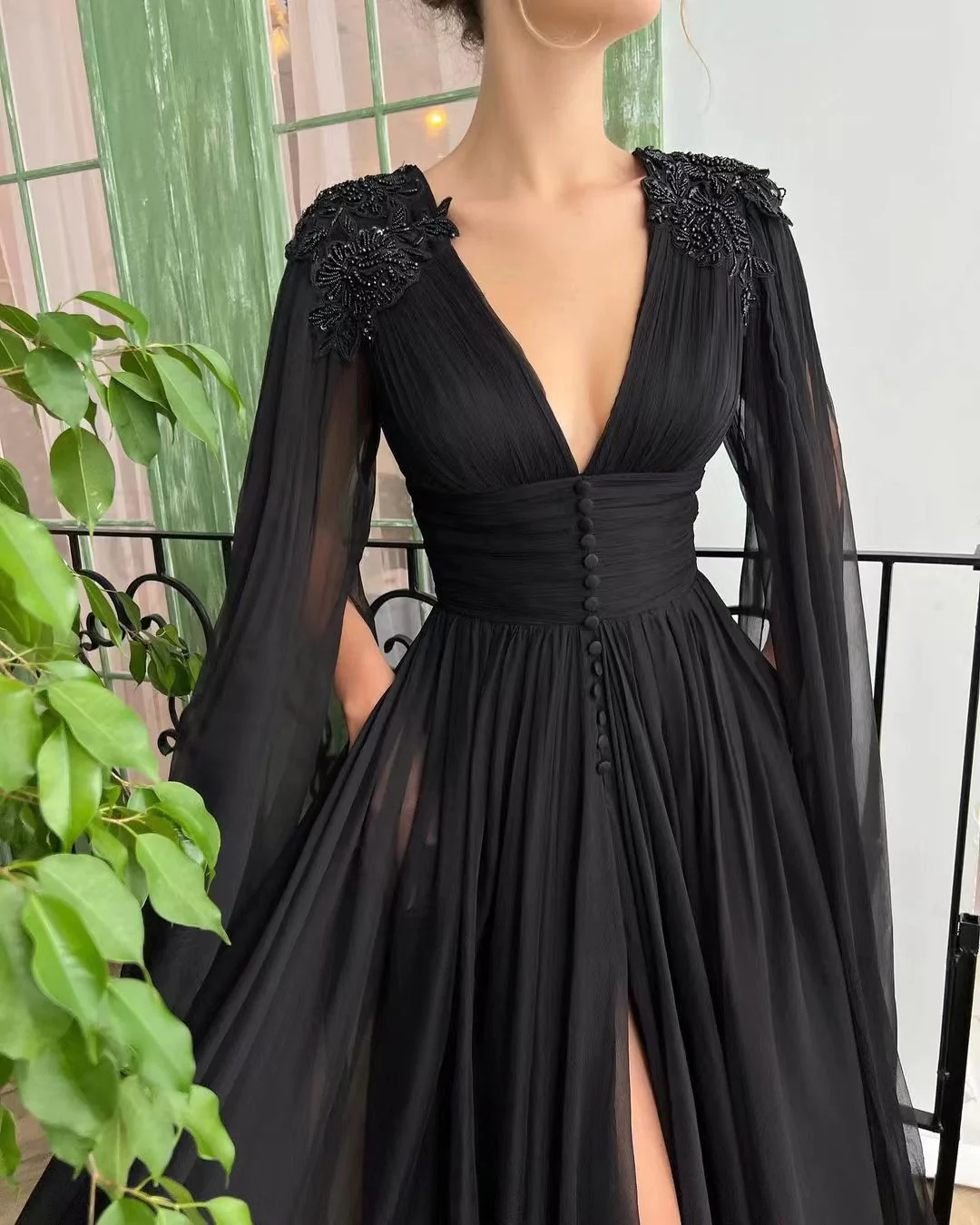 V-neck Black Tulle Prom Dresses, Elegant Prom Dresses, Newest Prom Dresses, A-line Prom Dresses Y56