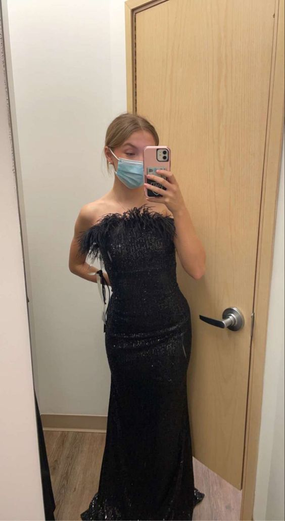 Strapless Mermaid Long Prom Dress Charming Black Evening Dress Y421