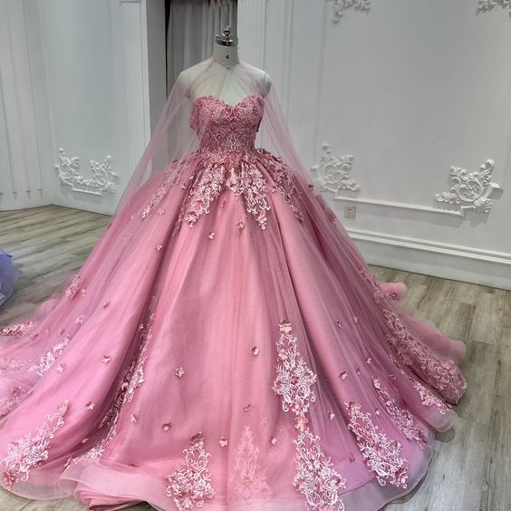 Sweetheart Pink Tulle Lace Ball Gown With Tulle Cape Sweet 16 Dress Y709
