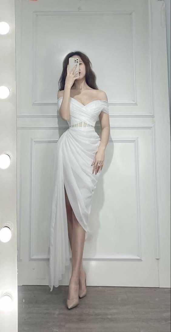 Charming Off The Shoulder White Party Dress With Pleated,Elegant White Prom Dress Y1141