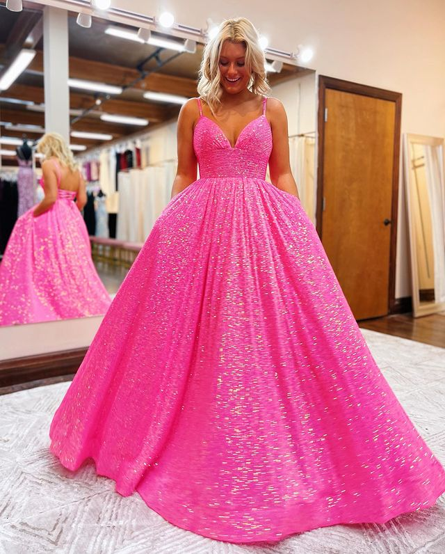 Hot Pink V Neck Sequins Long Prom Dresses Y1489