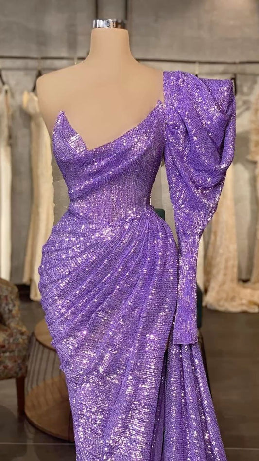 Light Purple Sequins Long Prom Dress Removable Sleeve,Charming Evening Dress Y711