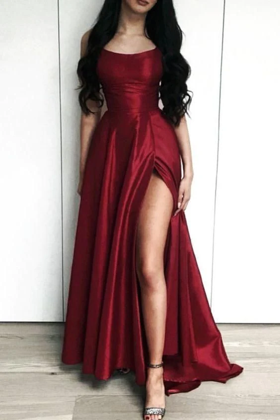 Charming Burgundy Side Slit Long Evening Dress, Sexy Prom Dresses Y44