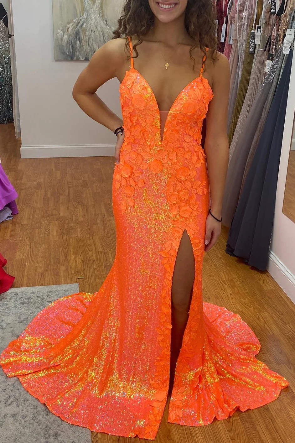 Mermaid Spaghetti Straps Sequin Long Prom Dress with Flowers Y1787