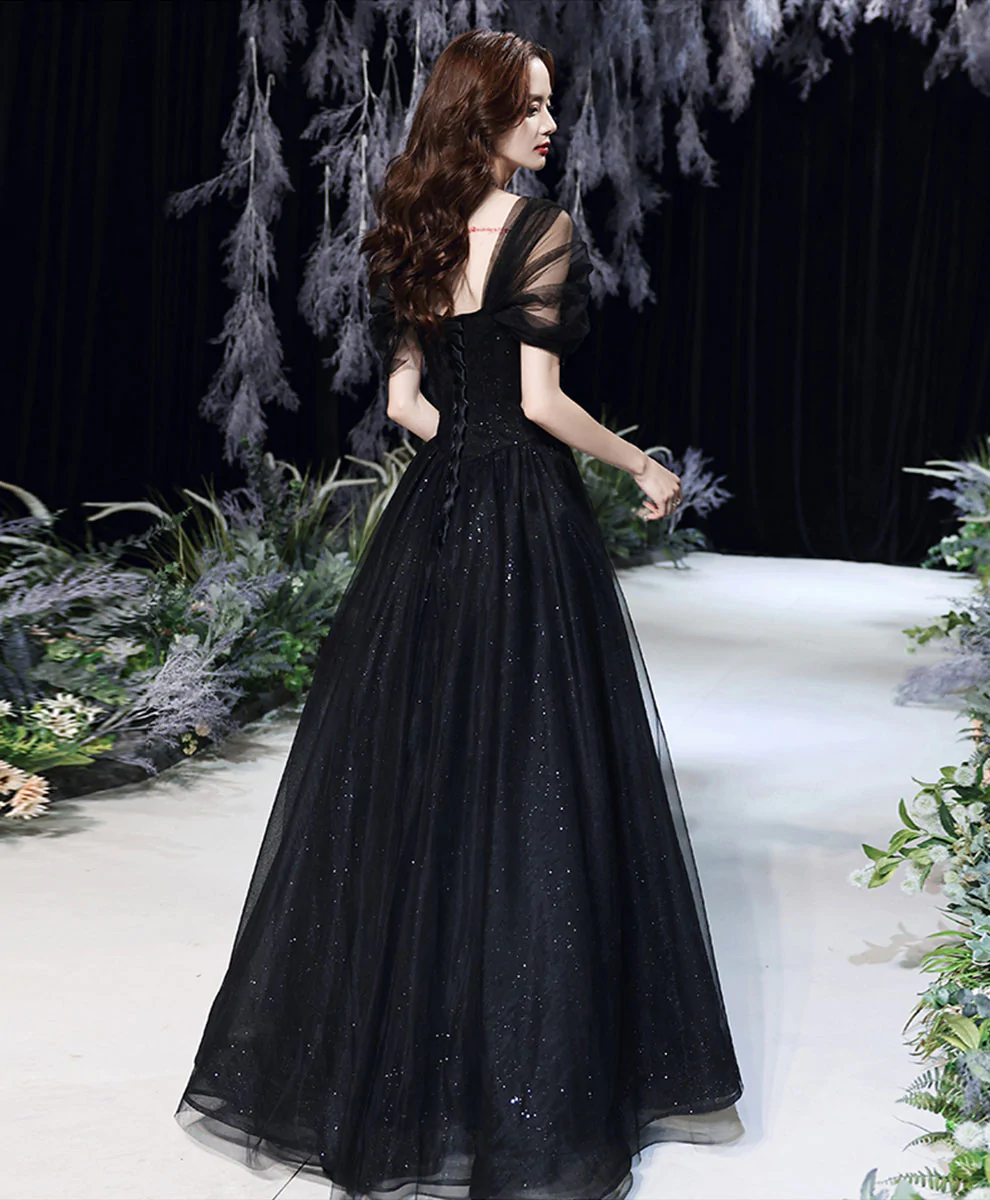 Black Tulle Off Shoulder Long Prom Dress, Black Formal Graduation Dresses Y1131