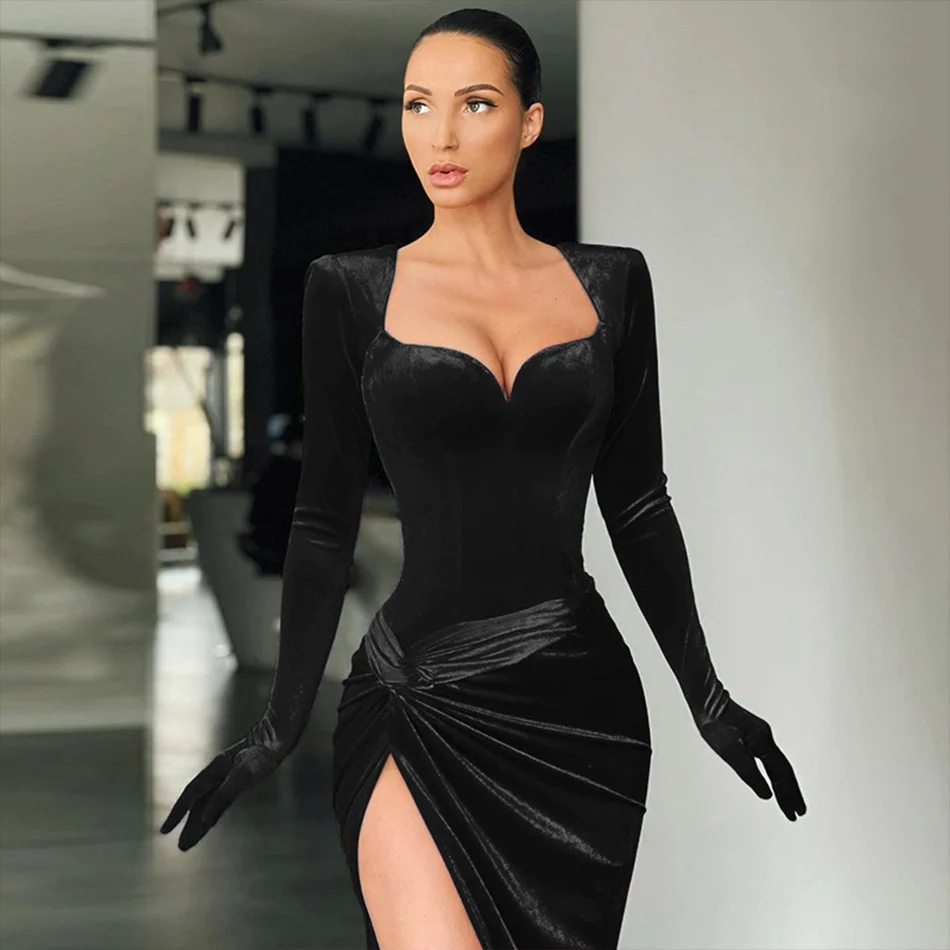 Elegant Royal Blue Velvet Evening Dress High Slit Formal Dress Y402