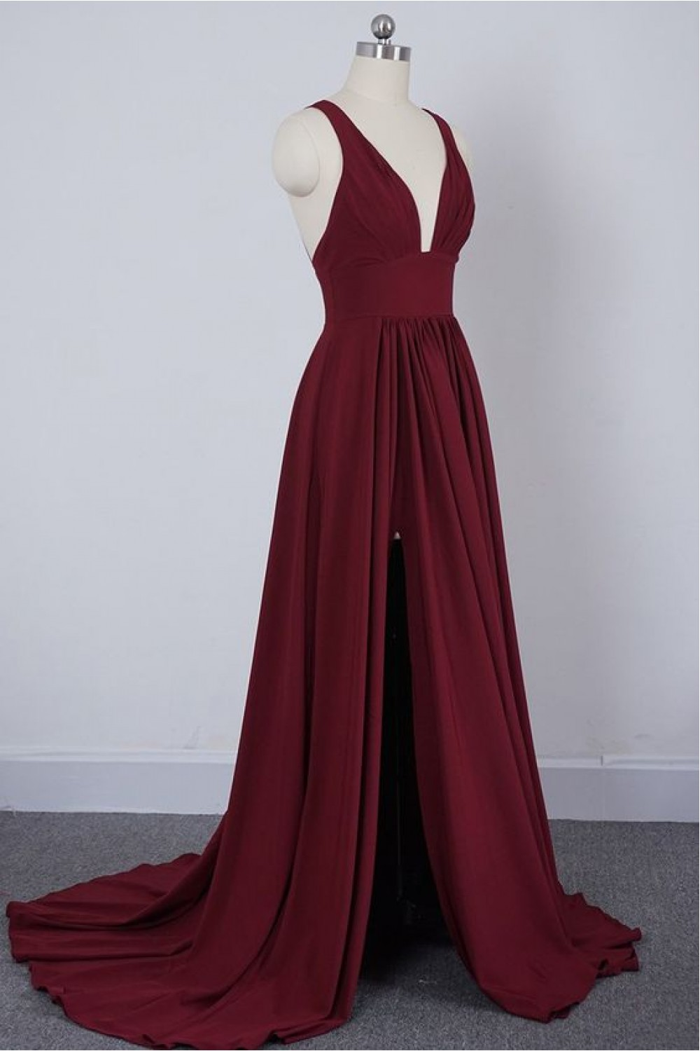Burgundy A Line Deep V Neck Cheap Bridesmaid Dresses For Wedding,Long Prom Dress Y1565