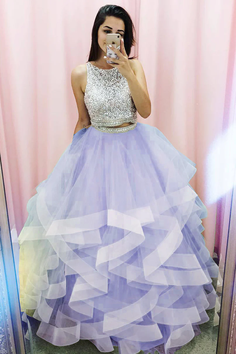 Princess Two Piece Champagne Prom Dress with Sequins Top Y943
