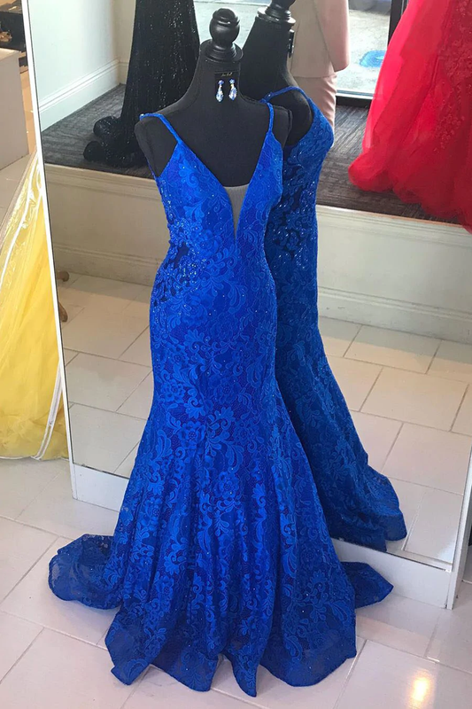 Elegant V Neck Mermaid Royal Blue Long Lace Prom Dress Y1200
