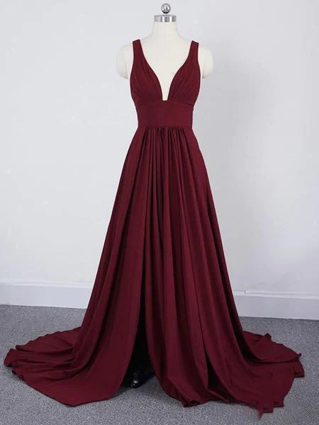 Burgundy A Line Deep V Neck Cheap Bridesmaid Dresses For Wedding,Long Prom Dress Y1565