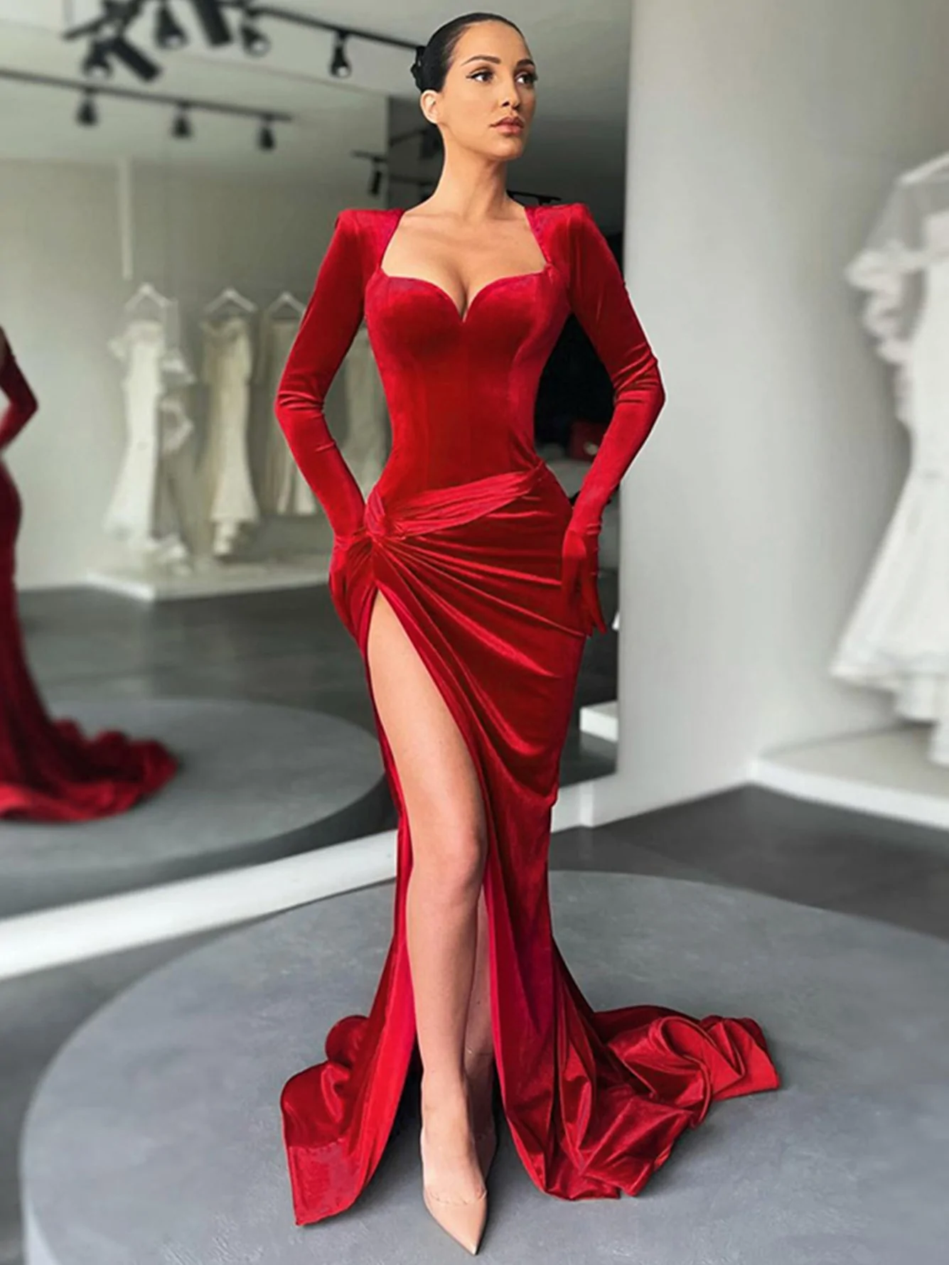 Elegant Royal Blue Velvet Evening Dress High Slit Formal Dress Y402