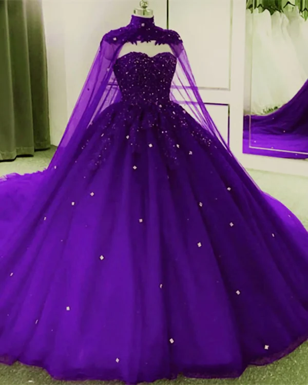 Sweetheart Tulle Lace Ball Gown With Cape, Princess Dress Y742
