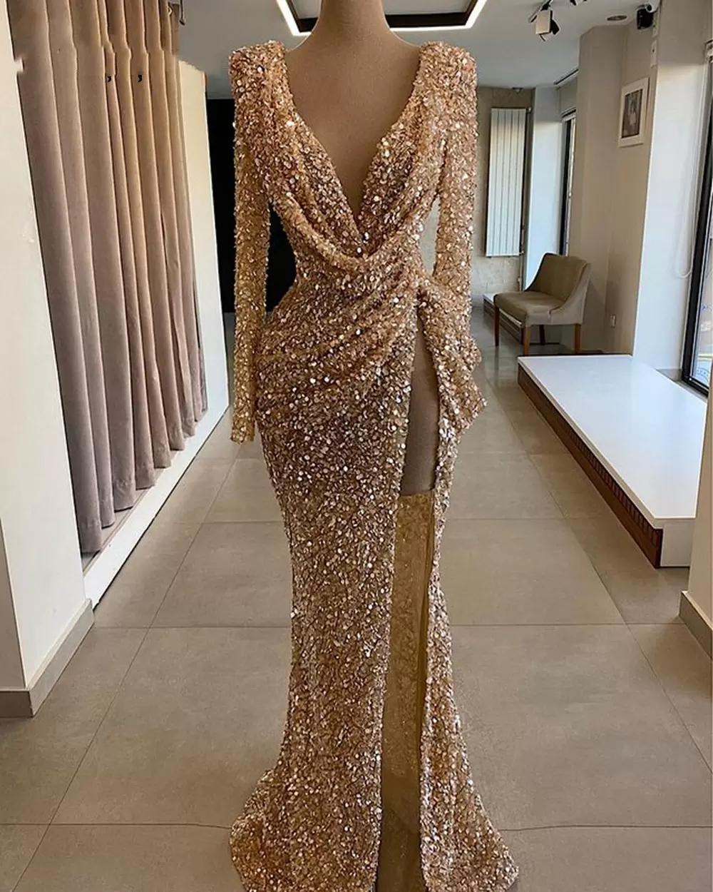 sparkly prom dresses, deep v neck prom dresses, long sleeve prom dresses, arabic prom dresses, side slit prom dresses, fashion evening gowns Y1389