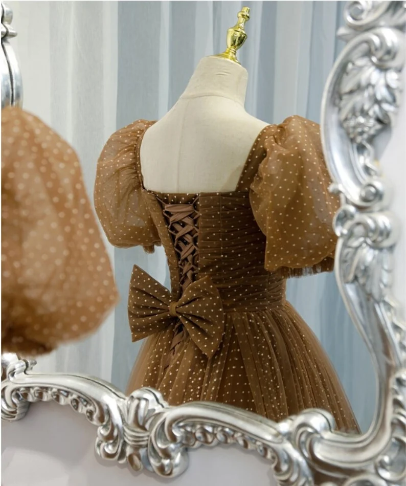 Beautiful Prom Dress New Brown Evening Dress Elegant Collar Puff Sleeve A-line Floor-length Point Prom Formal Gowns Y1174