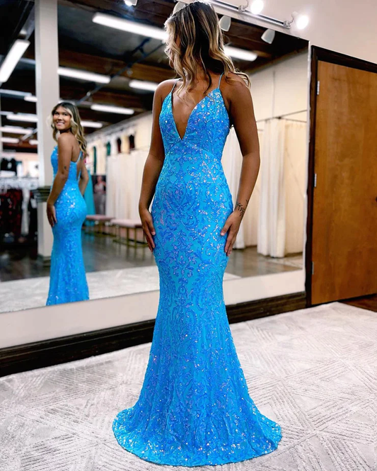 Charming Mermaid V Neck Blue Lace Sequins Long Prom Dresses Y1001