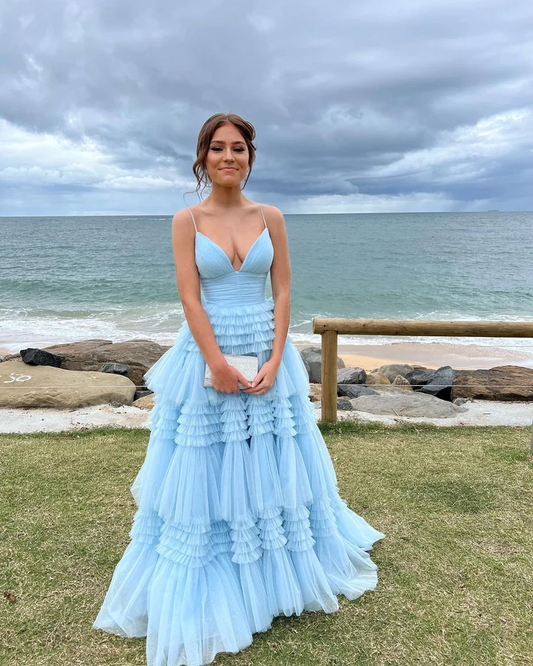 Charming A Line V Neck Light Blue Tulle Long Prom Dresses Y1477