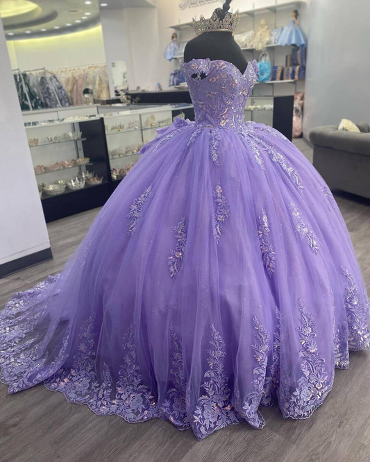 Off The Shoulder Lilac Corset Quinceanera Dress Ball Gown,Appliques Lace Birthday Dress Y789