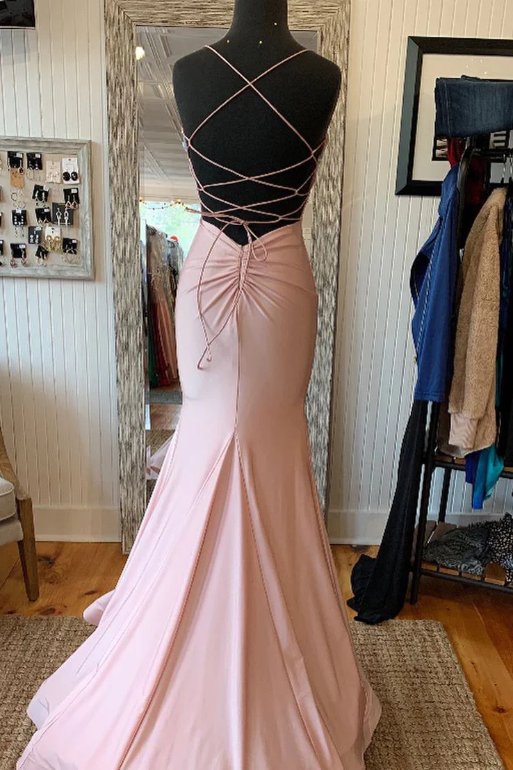 Elegant Mermaid V Neck Lace-Up Back Pink Long Prom Dress Y1528